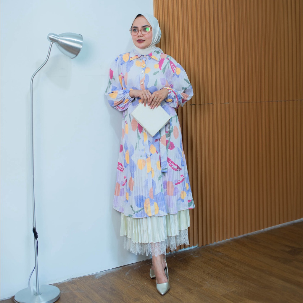 THE NUEPISODE - Tunik Silvana Midi Dress Plisket Motif Printing Import