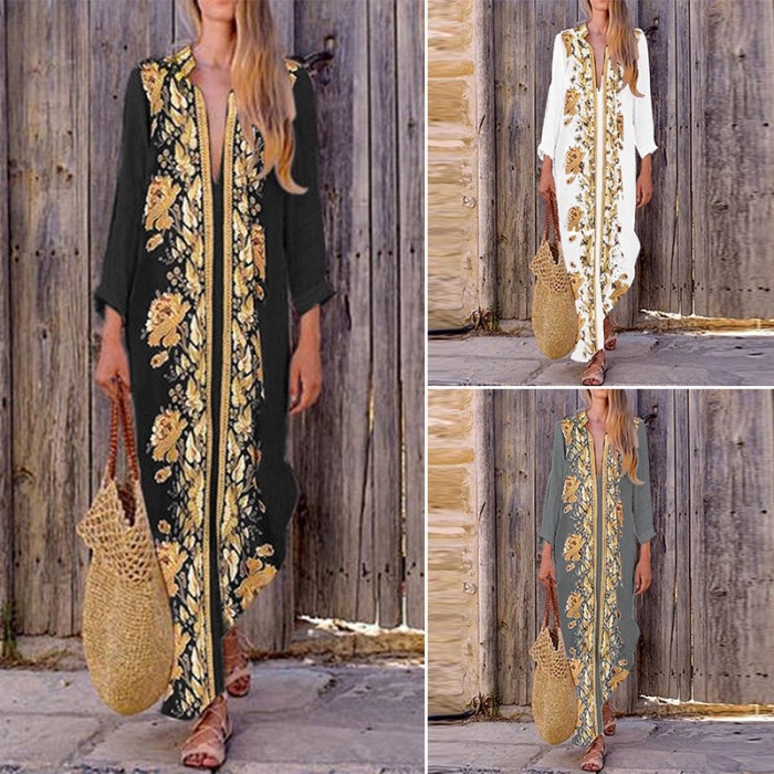 Dress Pantai Casual Longgar Wanita O-Neck Lengan Panjang Motif