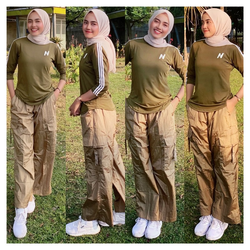 Atasan Baju Senam N Petir Army Lis Putih dan Cargo Jeny Gold Bahan Atasan Polyster Spandek Dan Cargo