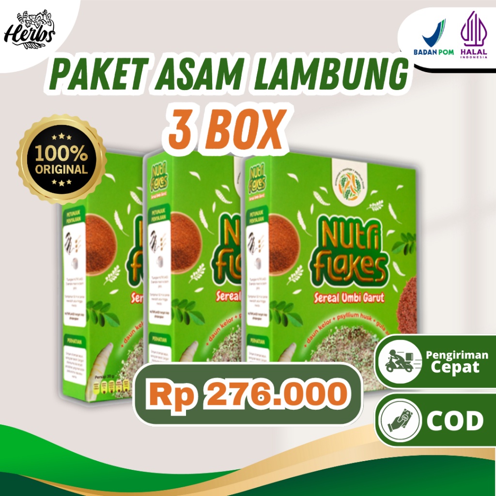 

100% ORIGINAL Paket Hemat - Nutriflakes 3 Box - Sereal Umbi Garut Ekstrak Daun Kelor. Suplemen Makanan Diet. Ampuh Atasi Asam Lambung, Gerd, dan Maag. Bantu Kontrol Kolesterol.