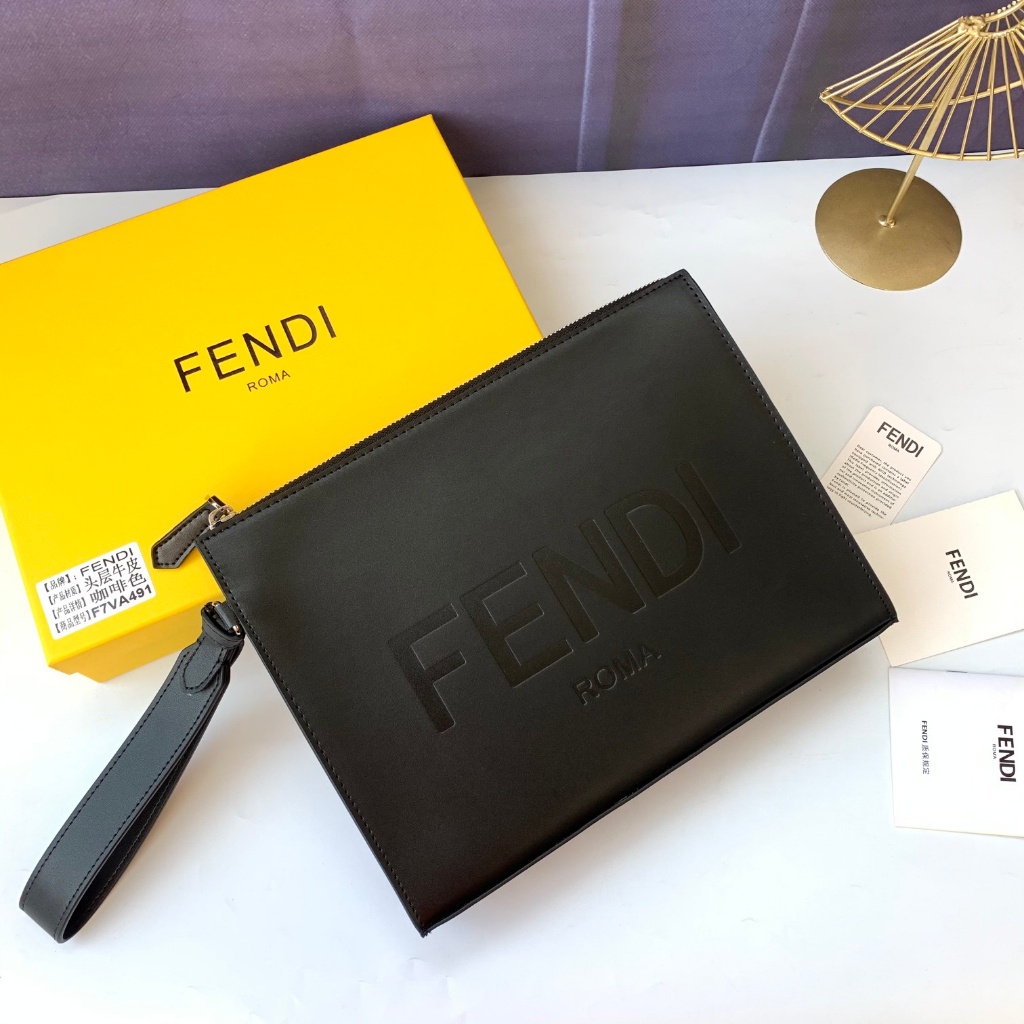 Original 2023 New Fendi Style Men's Fashion All-Match Black Embossed Medium Clutch