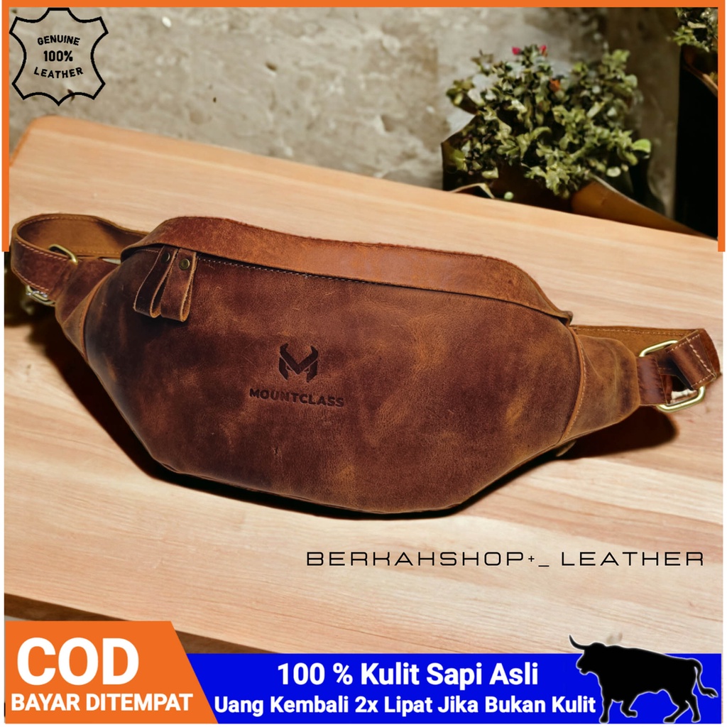 (Mountclass) Tas Selempang Pinggang Waistbag Kulit Asli Pria Cowok Waist Bag Weistbag Pria Cowok Kul