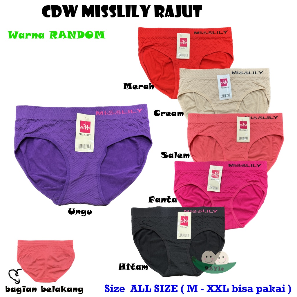 6 12 PCS Celana Dalam/CD Wanita/Perempuan/Cewek MISSLILY 8107 Bahan RAJUT Size ALL SIZE (M Fit To XX