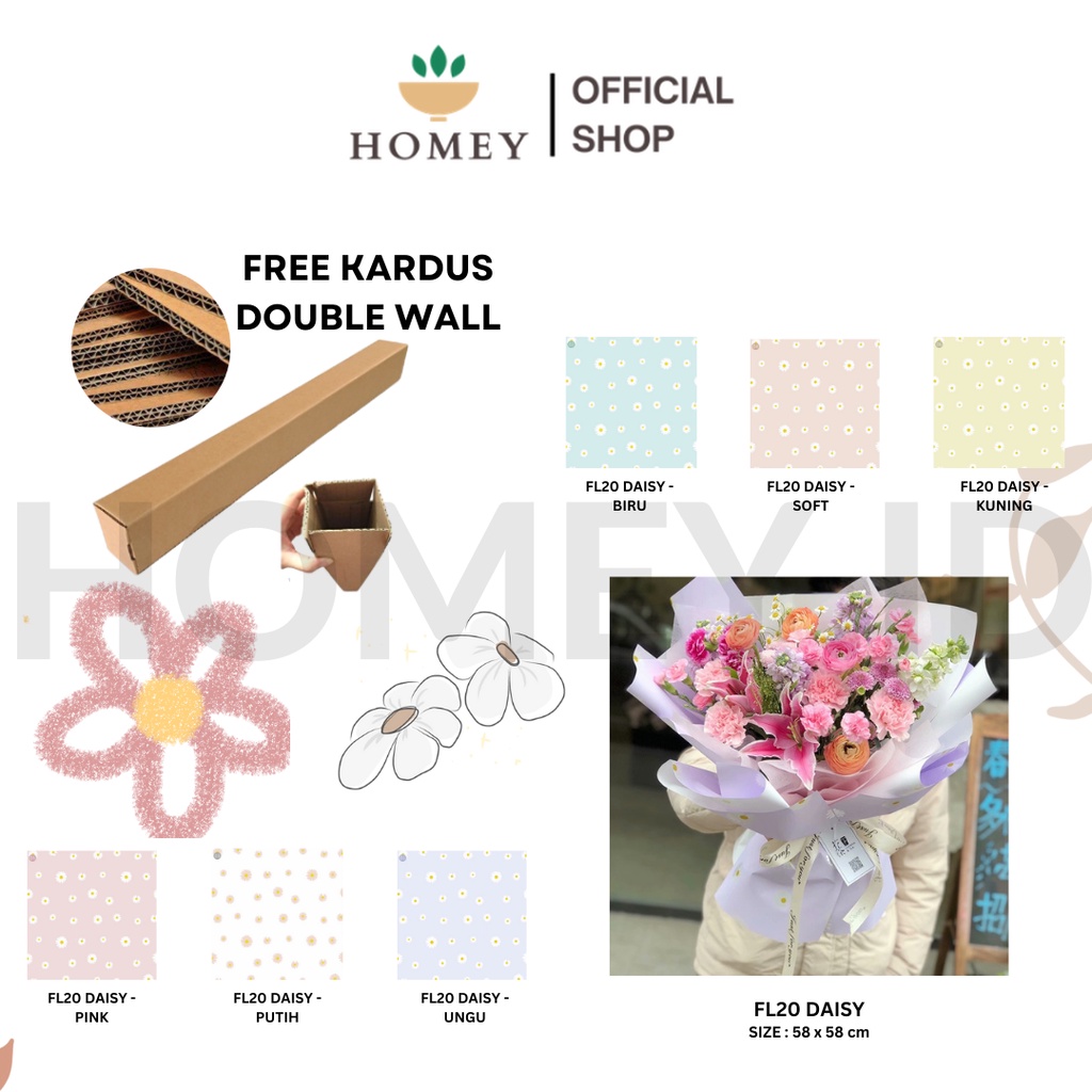 

HOMEY - (5 LEMBAR) - FL20 DAISY Kertas Bunga Paper Buket Motif Bunga Daisy Matahari Aster Florist Cellophane