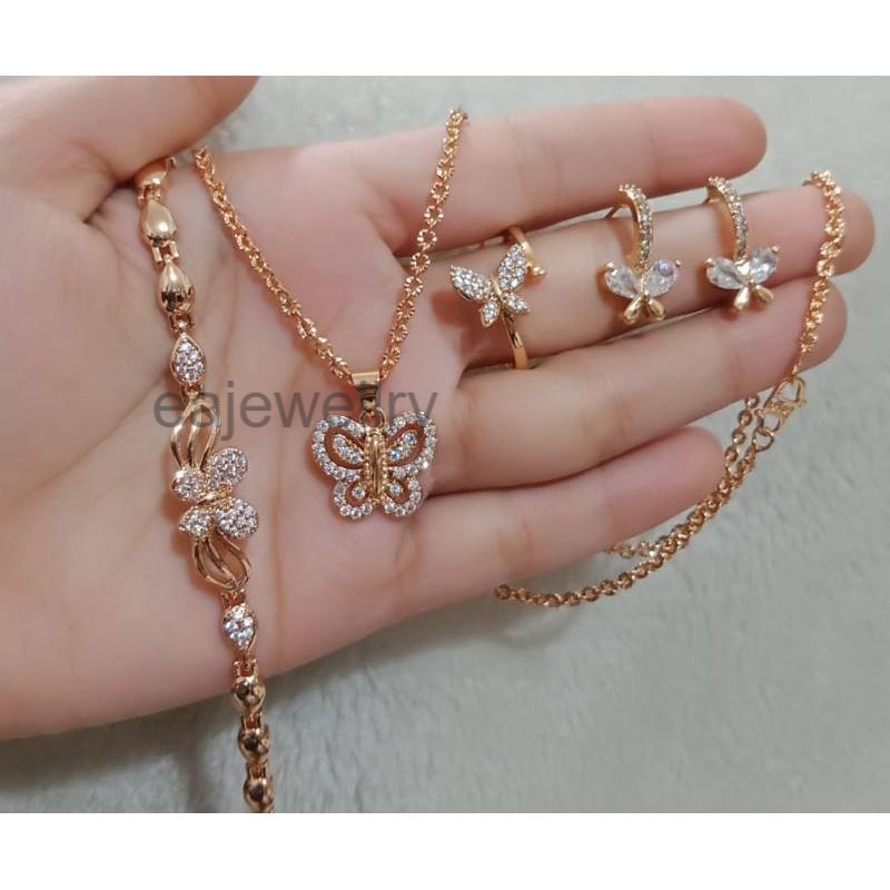 SET WANITA MODEL KUPU KUPU GOLD ASLI 24 KARAT MEWAH ELEGAN PERHIASAN TITANIUM