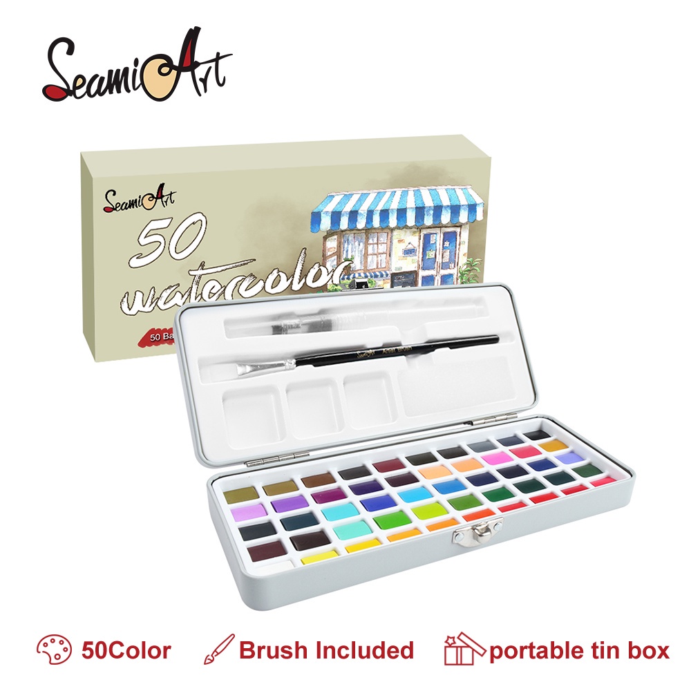 

SeamiArt 50color Solid Watercolor Paint Gift Set Cat Air Padat Warna Terang Dengan Kuas Air Otomatis