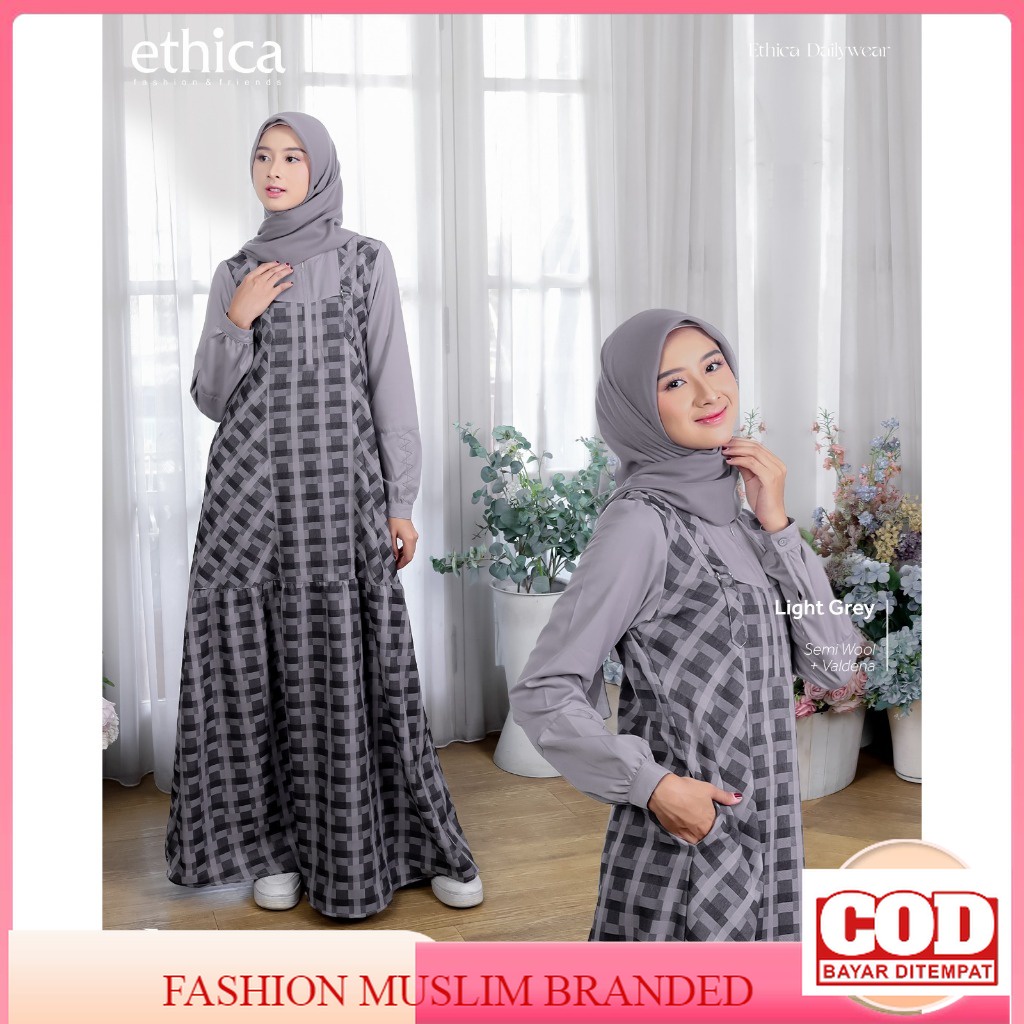 Ethica Ayumi 421 Terbaru 2023 Gamis Brand Ori Simpel Motif Kotak-Kotak Elegan Busui Friendly Fashion