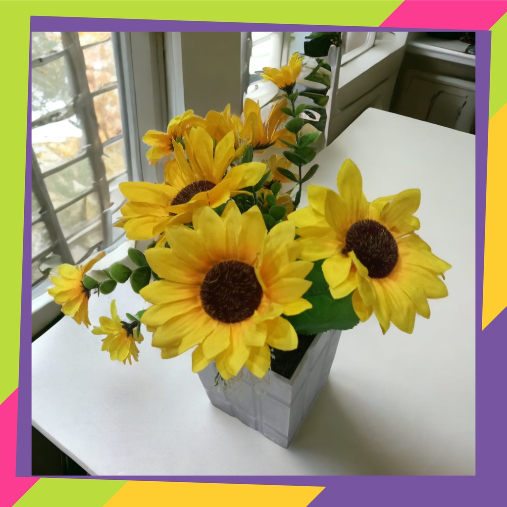 1912D1 / Pot bunga plastik aesthetic + bunga hias matahari 7 tangkai tanaman artificial