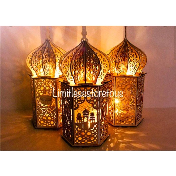 Lampu LED Dekorasi Eid Mubarak Lampu Lentera LED Kayu Lebaran Ramadan - Eid Mubarak