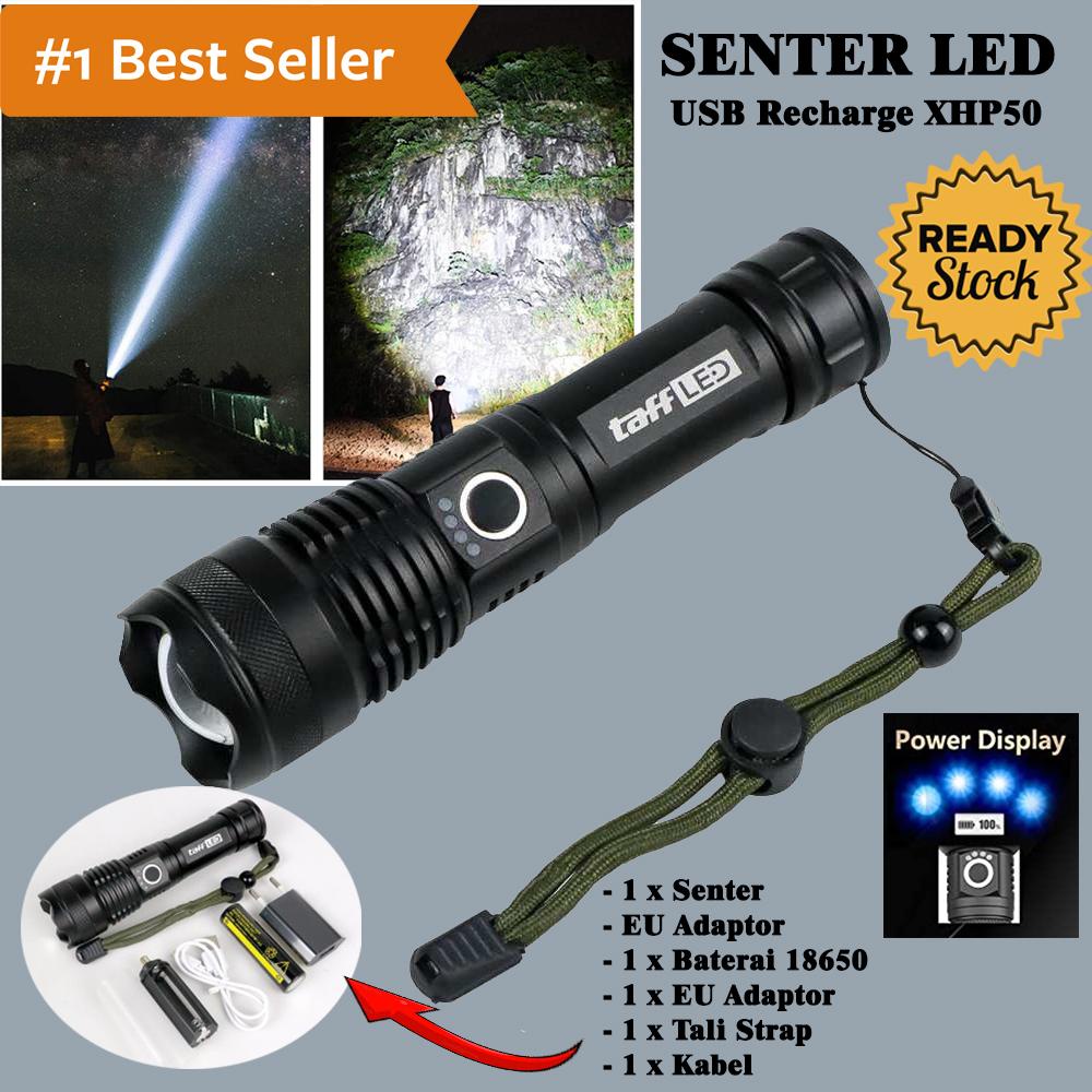 PAKET LENGKAP Senter LED USB Recharge XHP50 + Baterai 1x18650 + EU Adaptor Bisa Cas Charge Super Pal