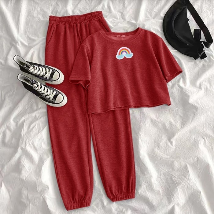 Toko88id - Baju Setelan Anak Remaja Umur 15 - 17 Tahun Crop Rainbow Pelangi - Maroon