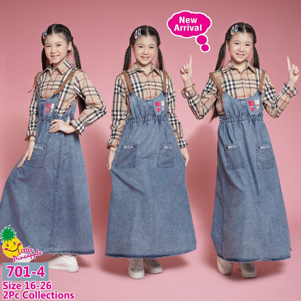 [BISA COD]LP701 SETELAN KEMEJA OVERALL JEANS PANJANG ANAK CEWEK LITTLE PINNEAPLE SIZE BESAR