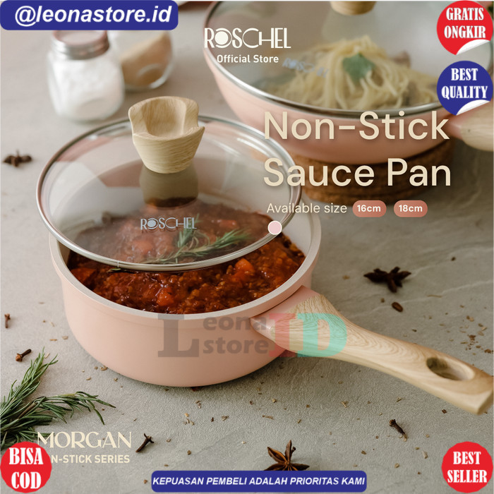 (TKP) Roschel Morgan Saucepan Panci Susu 16 18cm Greblon Anti Lengket Marble - Merah Muda, Saucepan 