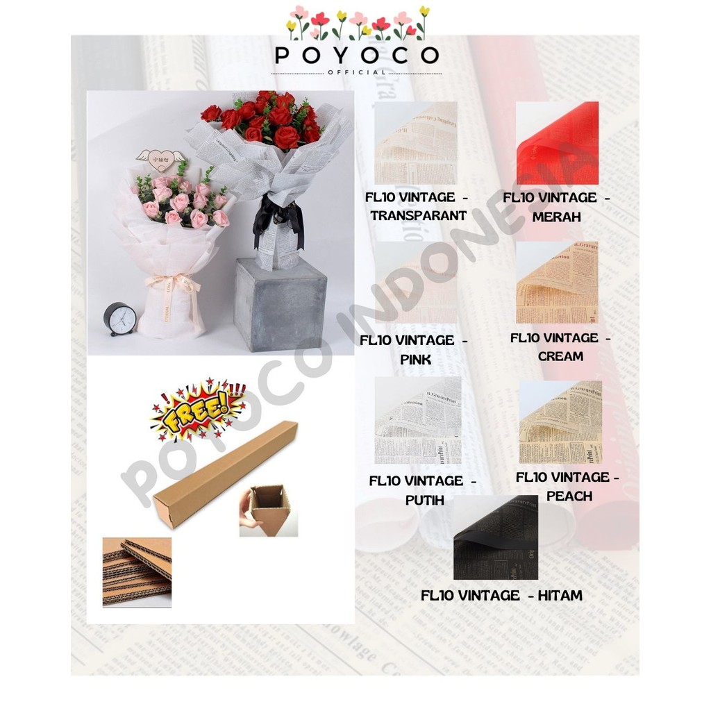 

POYOCO - (5 LEMBAR) - FL10 VINTAGE Craft Paper Kertas Bunga Buket Motif Koran Bunga Florist Cellophane