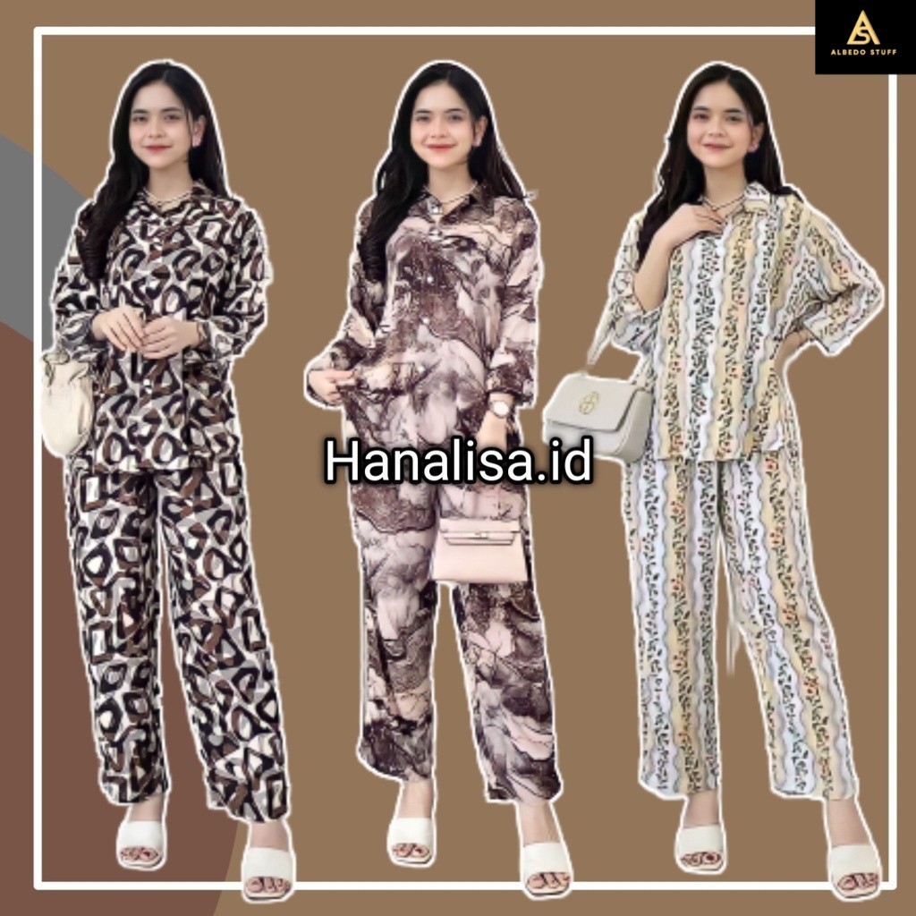 One Set Piyama Setelan Rayon Pajamas Viscose Motif Terbaru Wanita Dewasa Lengan Panjang Full kancing