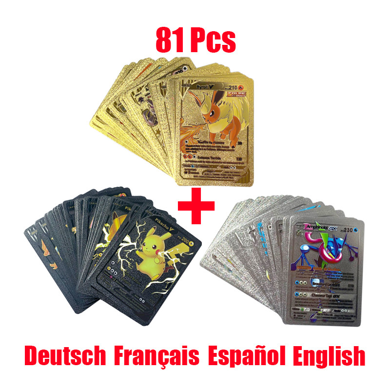 81Pcs Pokemon Francaise German Gold Cards Spanish English Foil Gold Rainbow Cards VMAX EX GX Card Vm