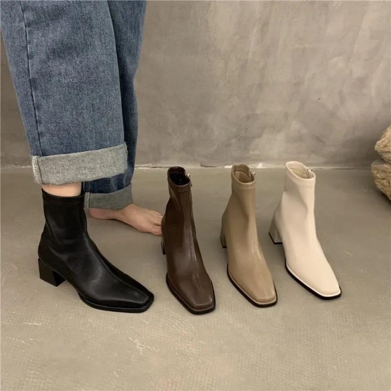 

2024 Autumn Winter Fashion Design Heel Ankle Boot Square Toe Zipper Ladies Casual Chelsea Boots Shoes Soft Leather Short Boot