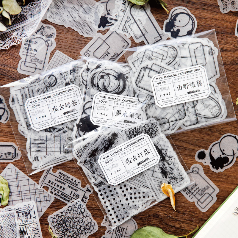 

Yoofun 40pcs Retro Black and White Stickers DIY Label Creative Half Transparent Labels for Journal Scrapbbooking Diary diy