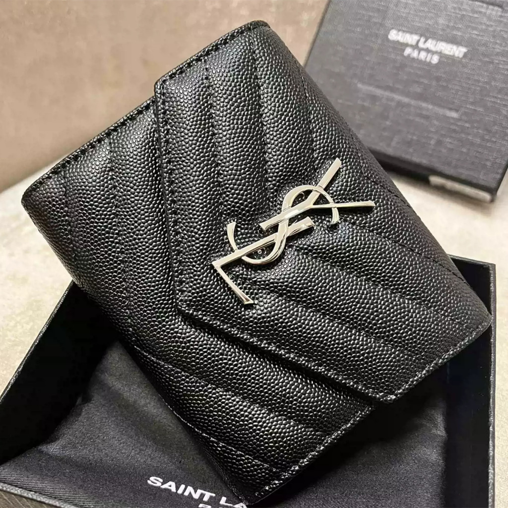 【bekas asli】（403943 ）Yves Saint Laurent/Dompet Lipat Tiga Label Perak Hitam/Dompet/Dompet/Klip Pende