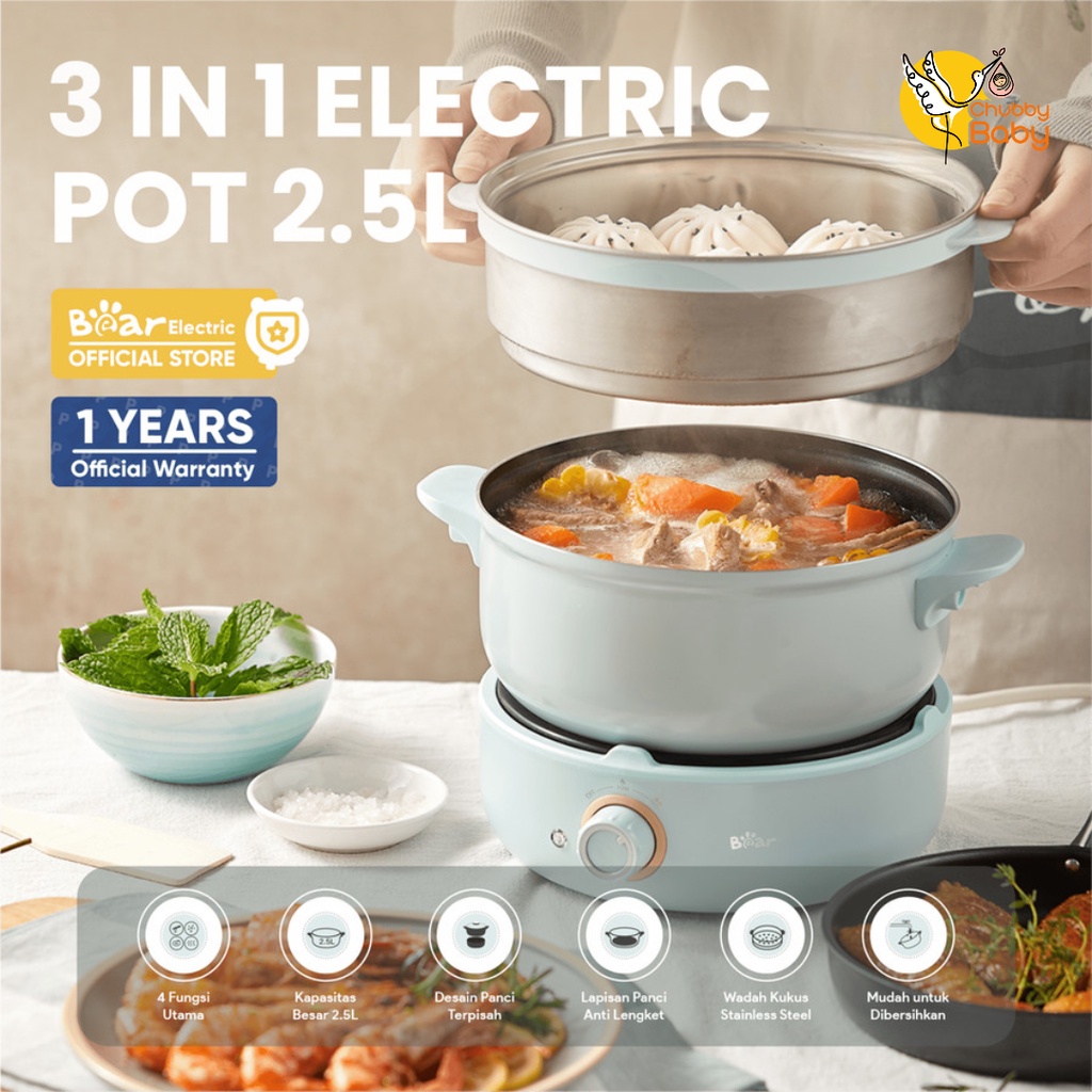 BEAR 3 in 1 Electric Pot 2.5L | Panci Elektrik Multifungsi