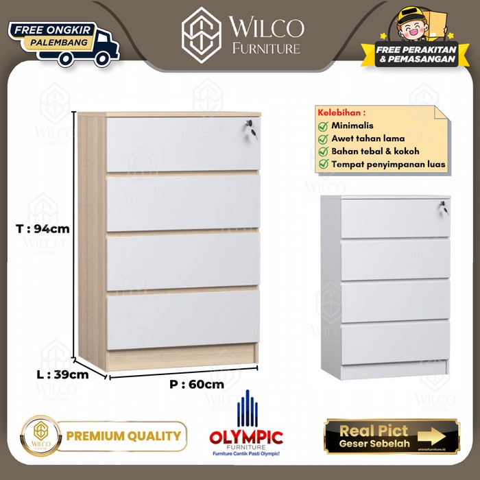 Lemari Laci Olympic White / Laci Minimalis / Nakas DR4 Kanto Pine