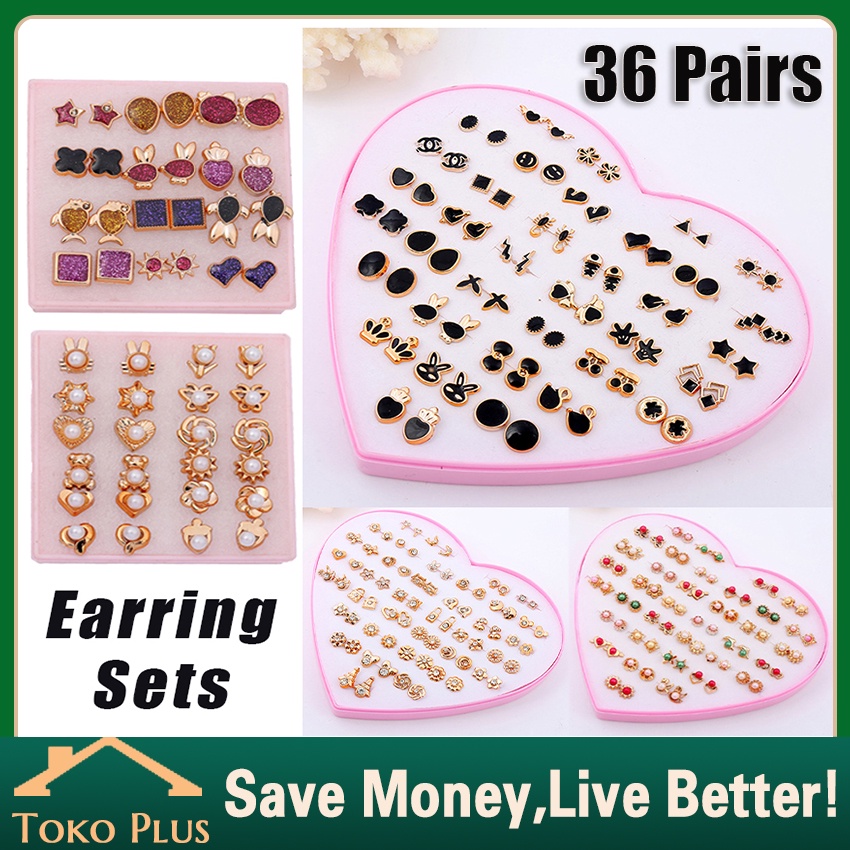 36Pasang/Set Anting Tusuk Bentuk Hati Bahan Plastik Warna Emas untuk Wanita