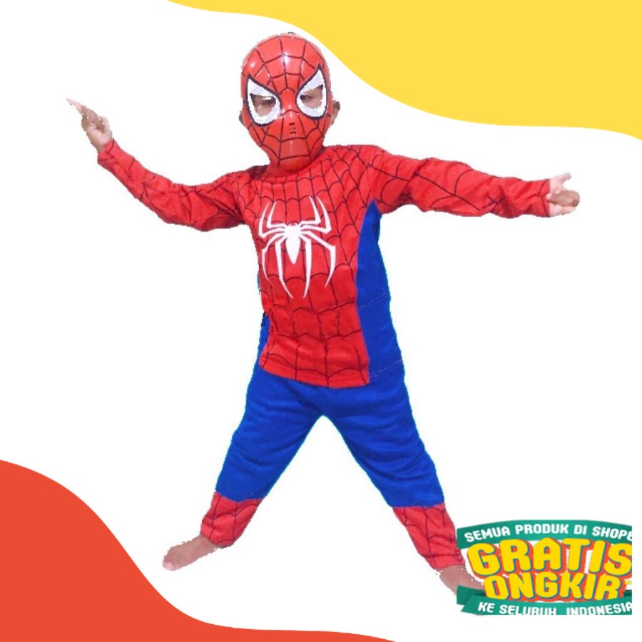( 1paket baju + topeng ) Baju Topeng Spiderman MERAH BIRU - Kostum Spiderman - Baju Kostum Spiderman