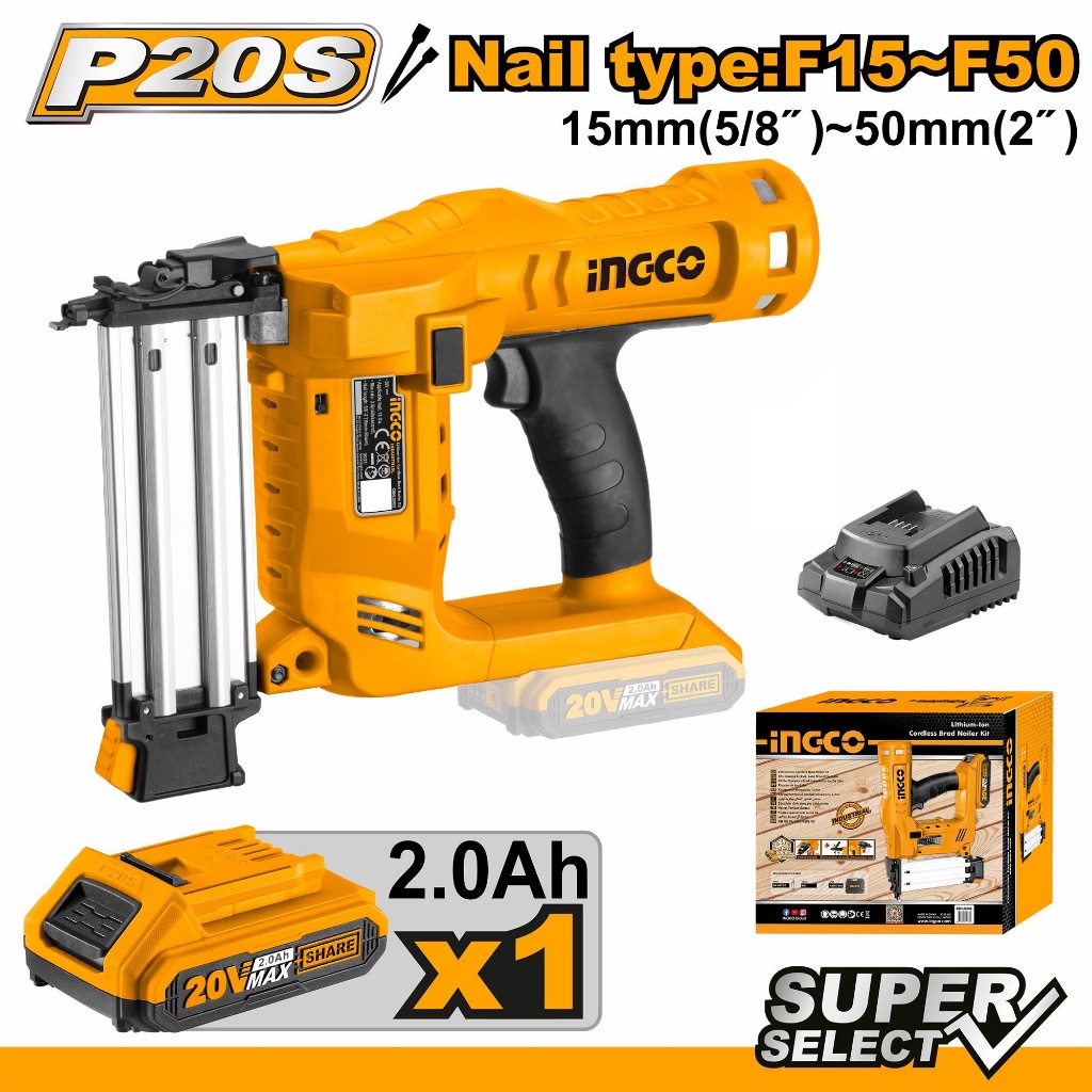 AIR NAILER GUN STAPLES PAKU HEKTER TEMBAK BATERAI 20V 1BATERAI & 1 CHARGER INGCO CBNLI2016