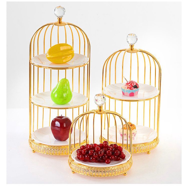 Ceramic Stand Cake Plate Birdcage Dessert / Bird Cage Tempat Penyimpanan Kue Wadah Kue Gold