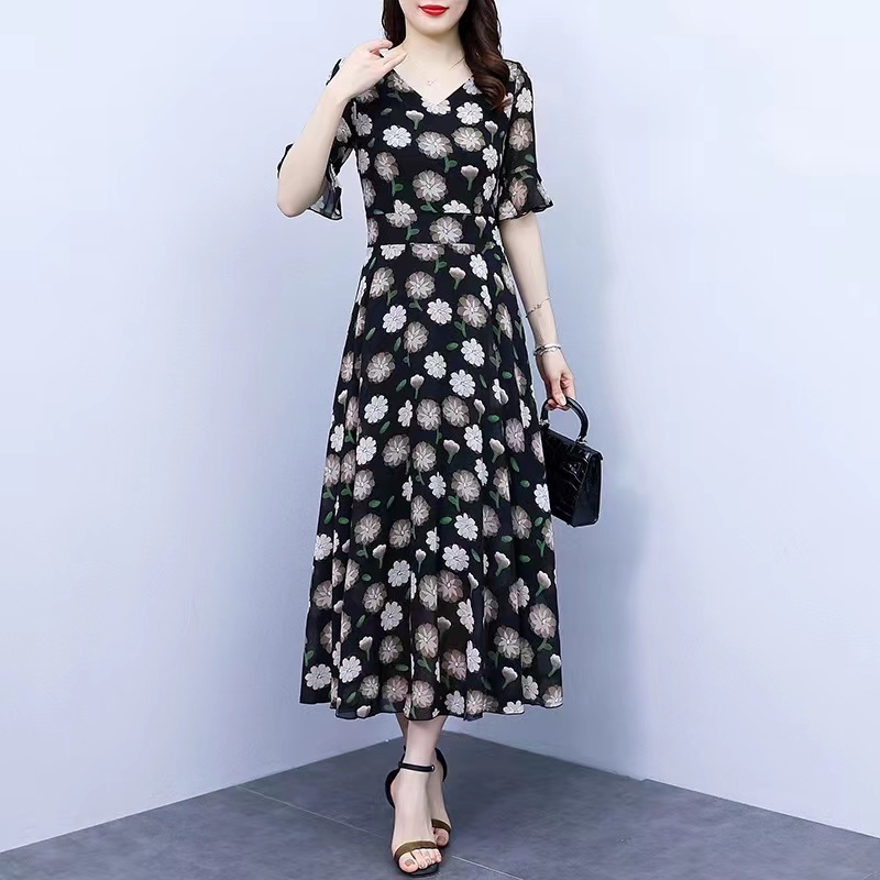 Gaun Motif Bunga Sifon Poliester Wanita Dress Pesta Kasual Korea