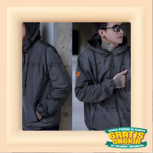 JAKET COWOK PARASUT WP Redflags ID Original / JAKET HOODIE PRIA WATERPROOF/ Black tosca 2 3 warna