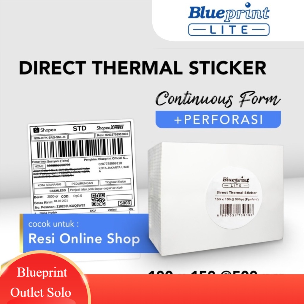 

Blueprint Lite Direct Thermal Sticker 100x150 CF Fanfold isi 500 Label Resi Online Perforasi Continuous Form Blueprint Outlet Solo