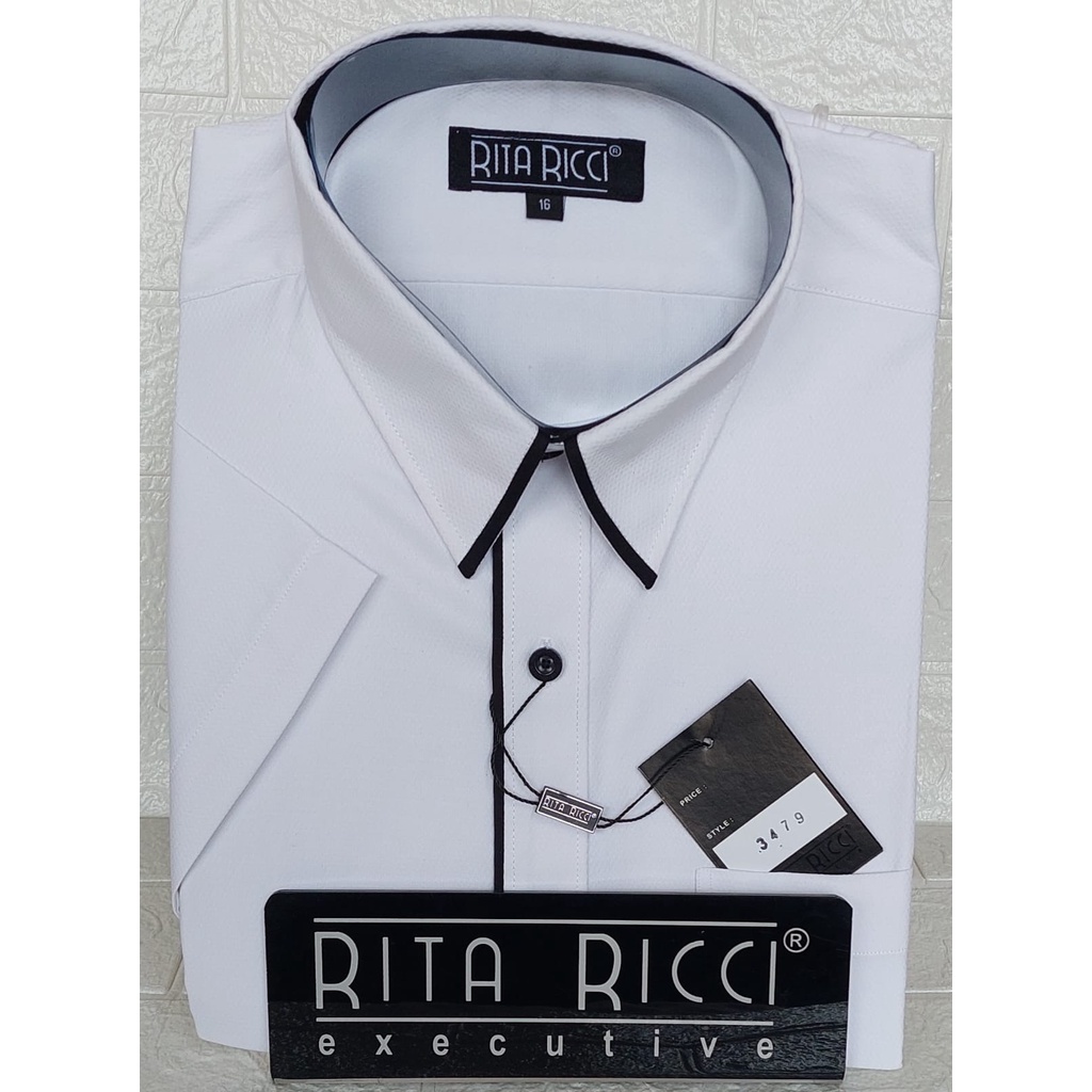 RITA RICCI Kemeja Pria Putih Polos Lis Hitam Lengan Pendek