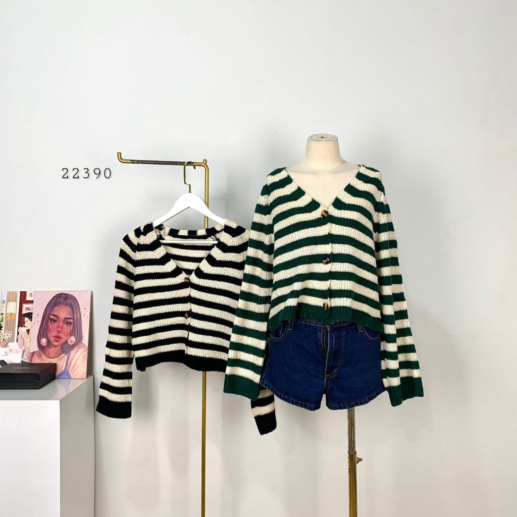 ATASAN OUTER CARDI RAJUT WOLL CROP VARIASI TIGA BUTTON DEPAN LEHER V NECK MOTIF GARIS PREMIUM WANITA