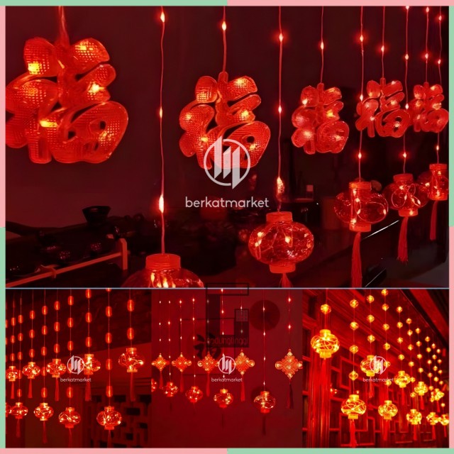 Lampu Lampion Tirai Gantung Led Hias Bola Merah Putih Putar Dekorasi Hiasan Pajangan Tempelan Pohon 