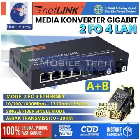 GIGABIT MEDIA CONVERTER 2 FO 4 LAN FIBER OPTIC SWITCH NETLINK - HTB GS03 A+B