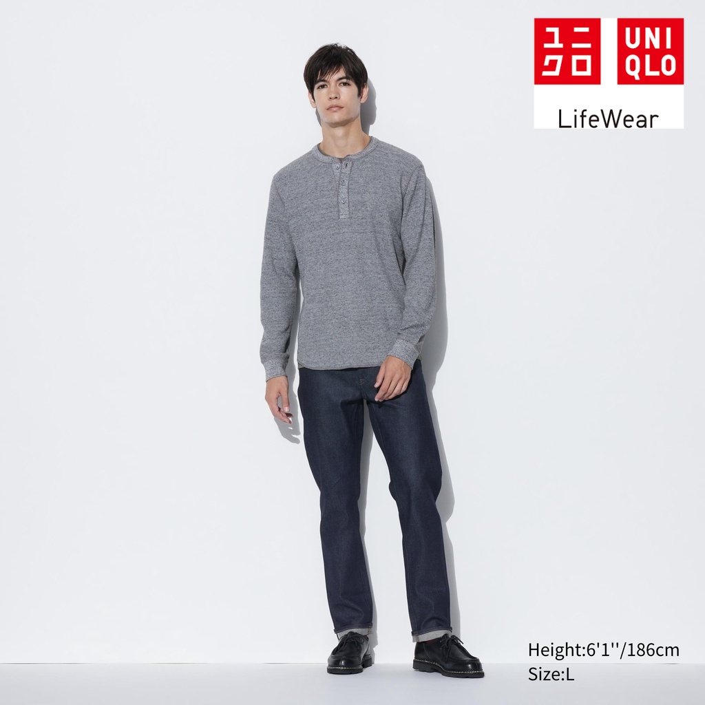 Uniqlo T-Shirt Waffle Kerah Henley Lengan Panjang