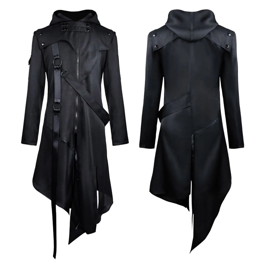 Male Vintage Gothic Coat Splice Zipper Belt Hooded Long Sleeve Long Jacket Steampunk Trench Coat Got
