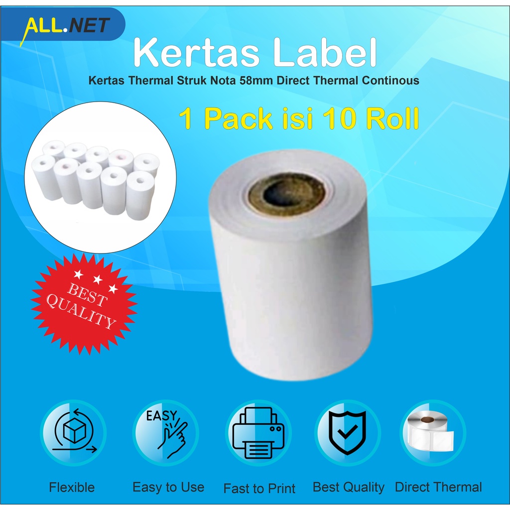 

Kertas Thermal 1 Pack isi 10 Roll Direct Thermal 57 / 58mm