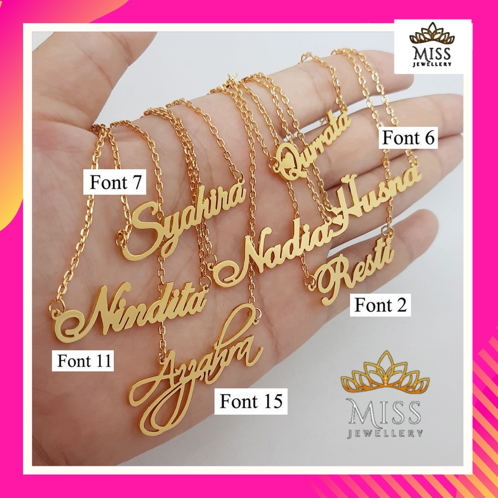 Kalung Nama Titanium font 18 pilihan pict Tiga Warna Silver Gold Rosegold Anti Karat Lapis Emas 24k 
