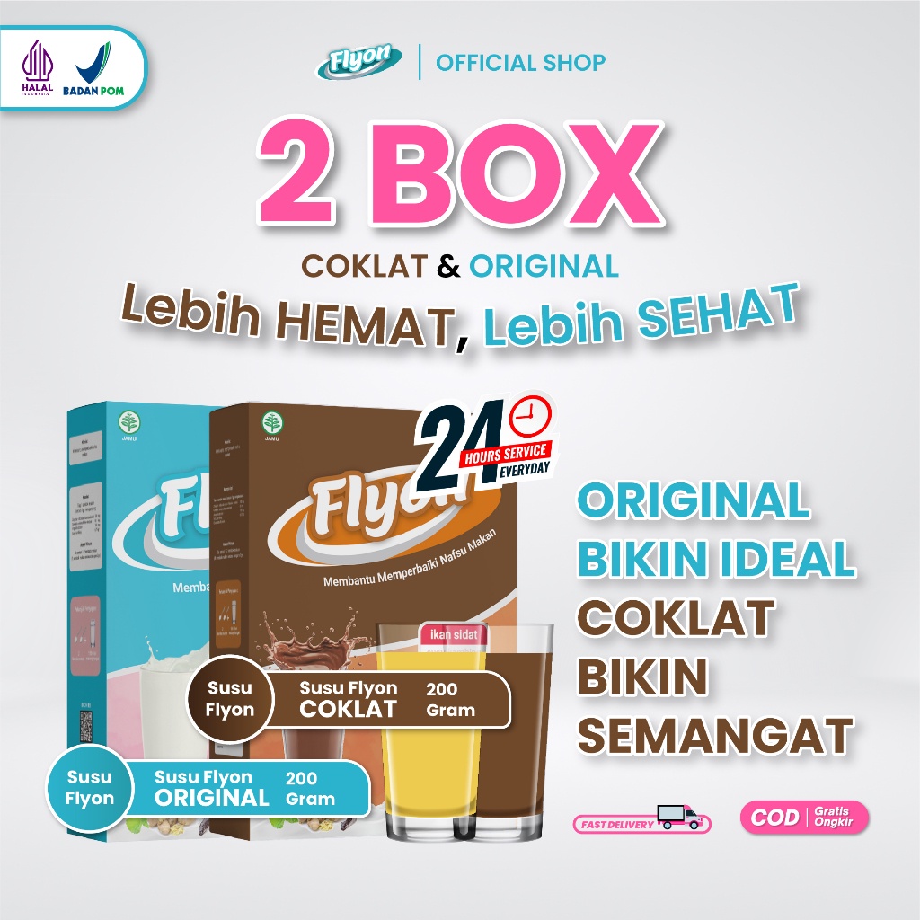 

Paket 2 Box Susu Flyon Original & Coklat Susu Penggemuk Badan Original Vitamin Penambah Berat Badan Suplemen Penambah Berat Badan
