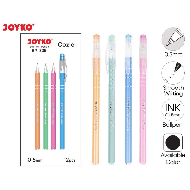 

BALL PEN PULPEN PENA JOYKO BP-335 COZIE 0.5 mm BOLPEN MURAH HITAM BLACK WARNA WARNI PASTEL GROSIR TIDAK MUDAH KERING ATK KANTOR ASLI BOLPOINT