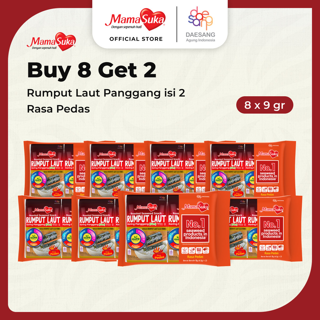 

Buy 8 Get 2 MamaSuka - Rumput Laut Panggang Pedas Isi 2 @4,5 gr