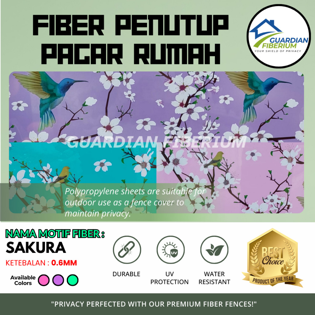 (Harga Per 1/2meter) Fiber Plastik Penutup Pagar Rumah Motif Sakura