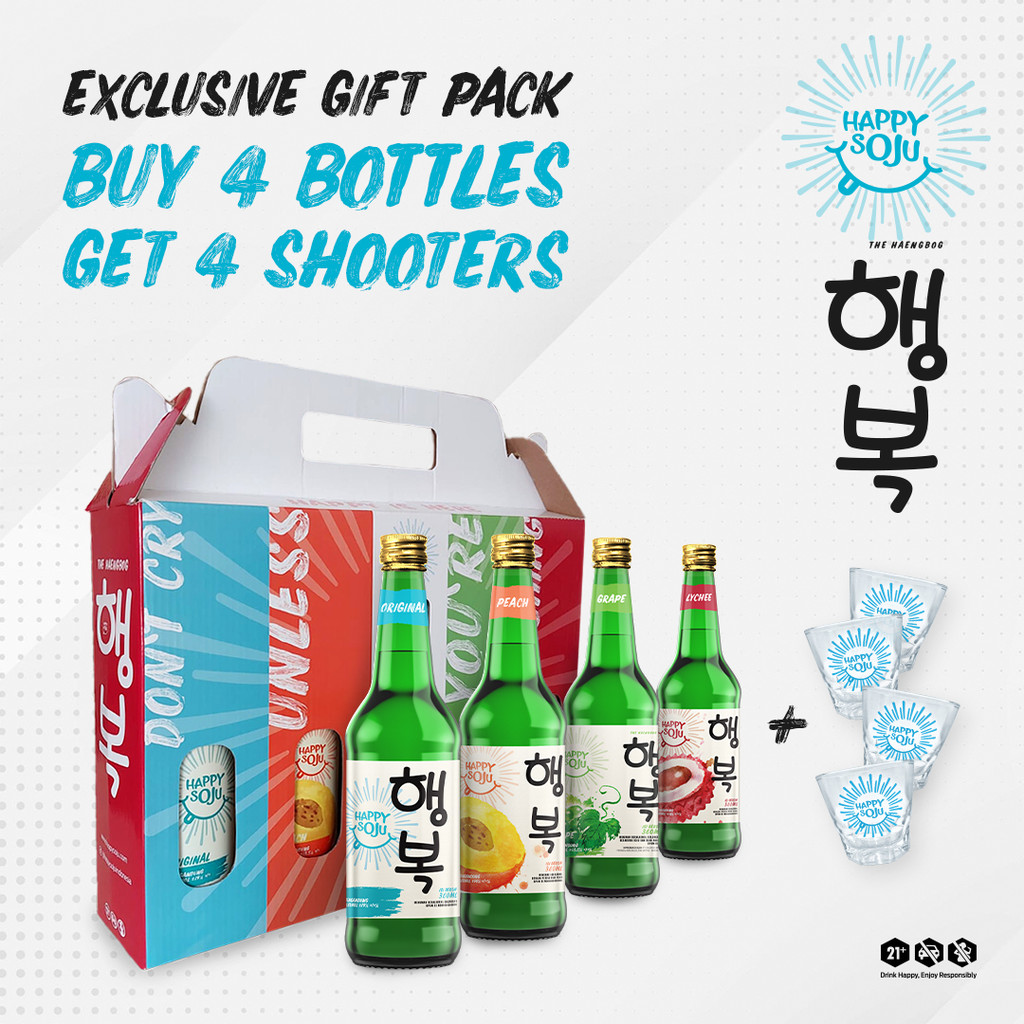 

Exclusive gift pack Happy soju buy 4 bottle free 4 shooter