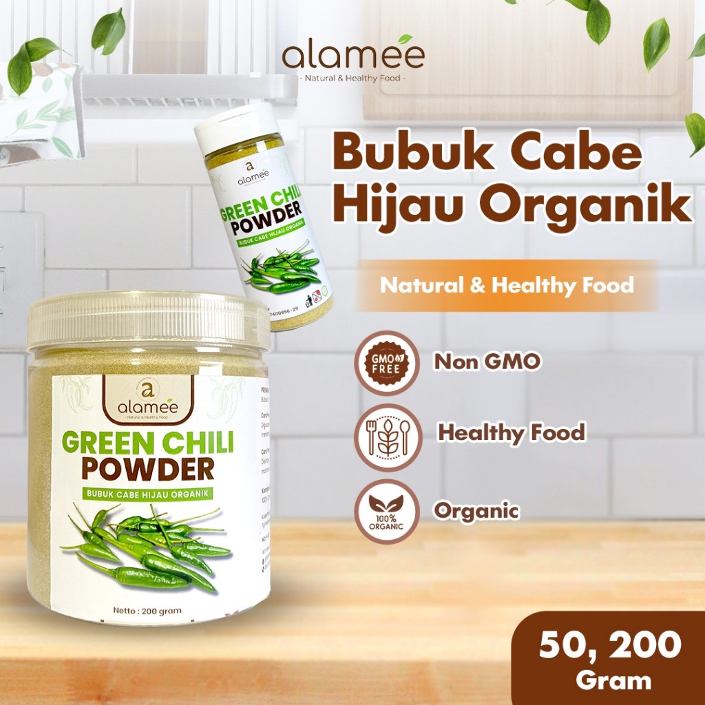 

ALAMEE Bubuk Cabe Hijau Green Chili Seasoning Powder Murni Tampa Campuran Bumbu Masakan Dapur 200gr