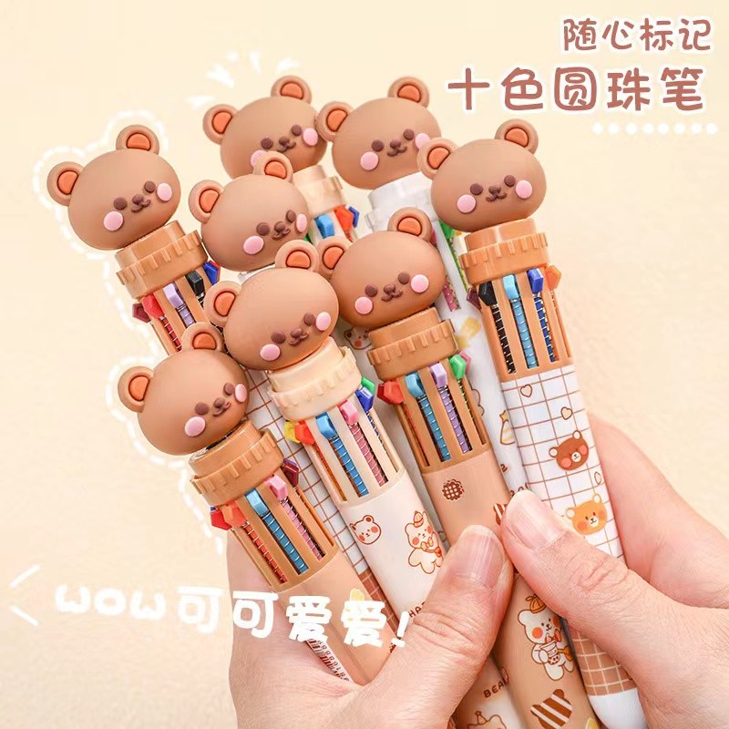 

1 pc Kawaii Marker Bear Cartoon Silicone 10 Colors Chunky Ballpoint Pen School Office Supply Gift Stationery =