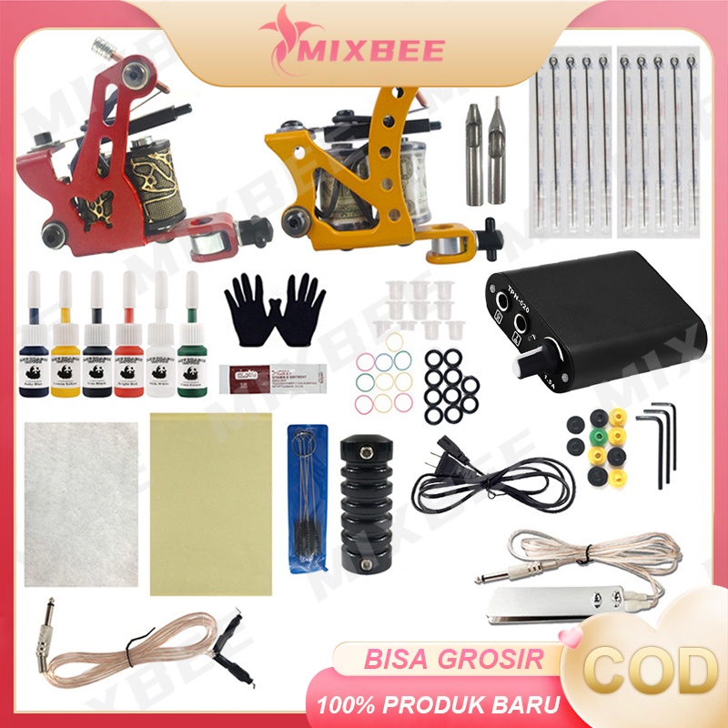 Peralatan Tato Penjual Laris Mesin Tembak PRO 2 Kit Tato Pemula Set Sumber Daya Listrik Tinta 6 Warn