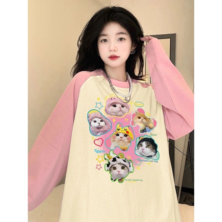 Kemeja Lapisan Dalam Jahitan Merah Muda dan Putih T-shirt Lengan Panjang Raglan untuk Wanita Longgar