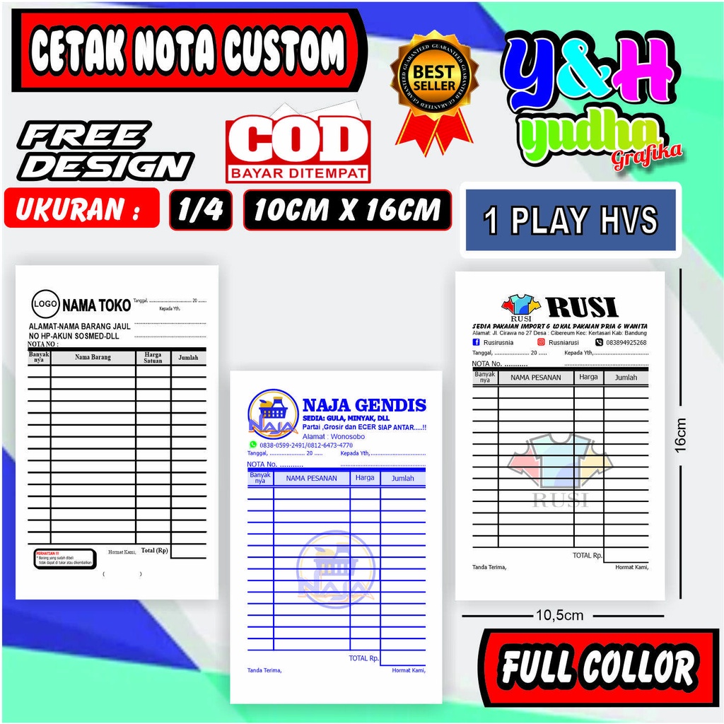 

CETAK NOTA CUSTOM 1/4 1 PLY Gratis Desain Gratis Logo Bebas Nama Sendiri Y&H Yudha Grafika